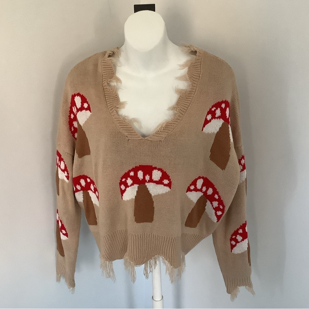 Just Polly Tan V-Neck Oversized Cropped Mushroom Sweater with Fringe Sz. M